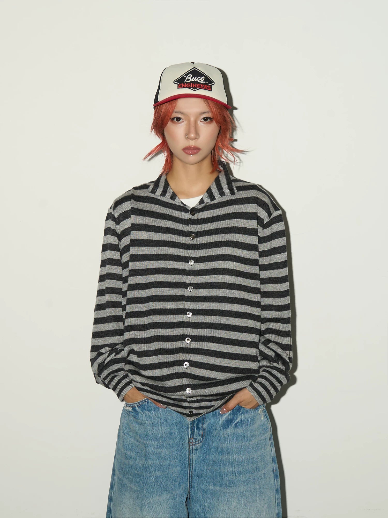 Contrast Stripe Wool Knit High-Neck Cardigan