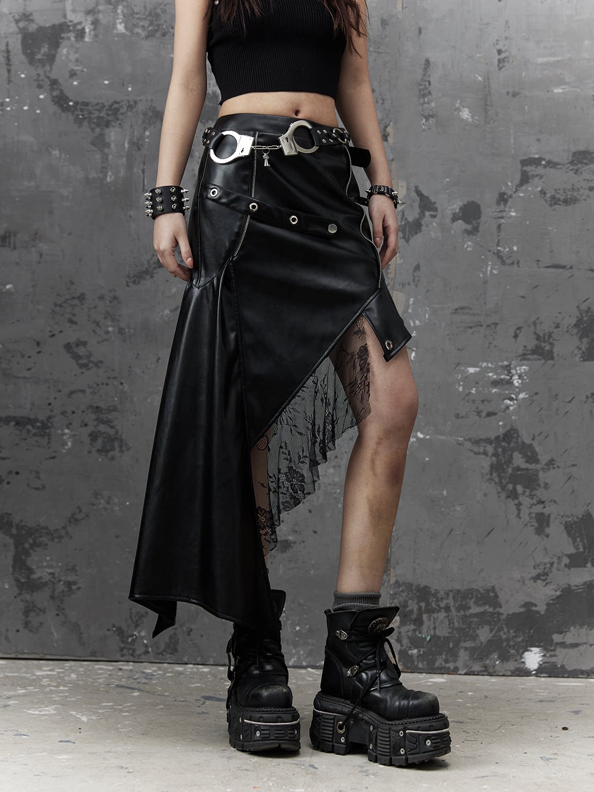 Asymmetric PU Leather Mesh Patchwork Skirt