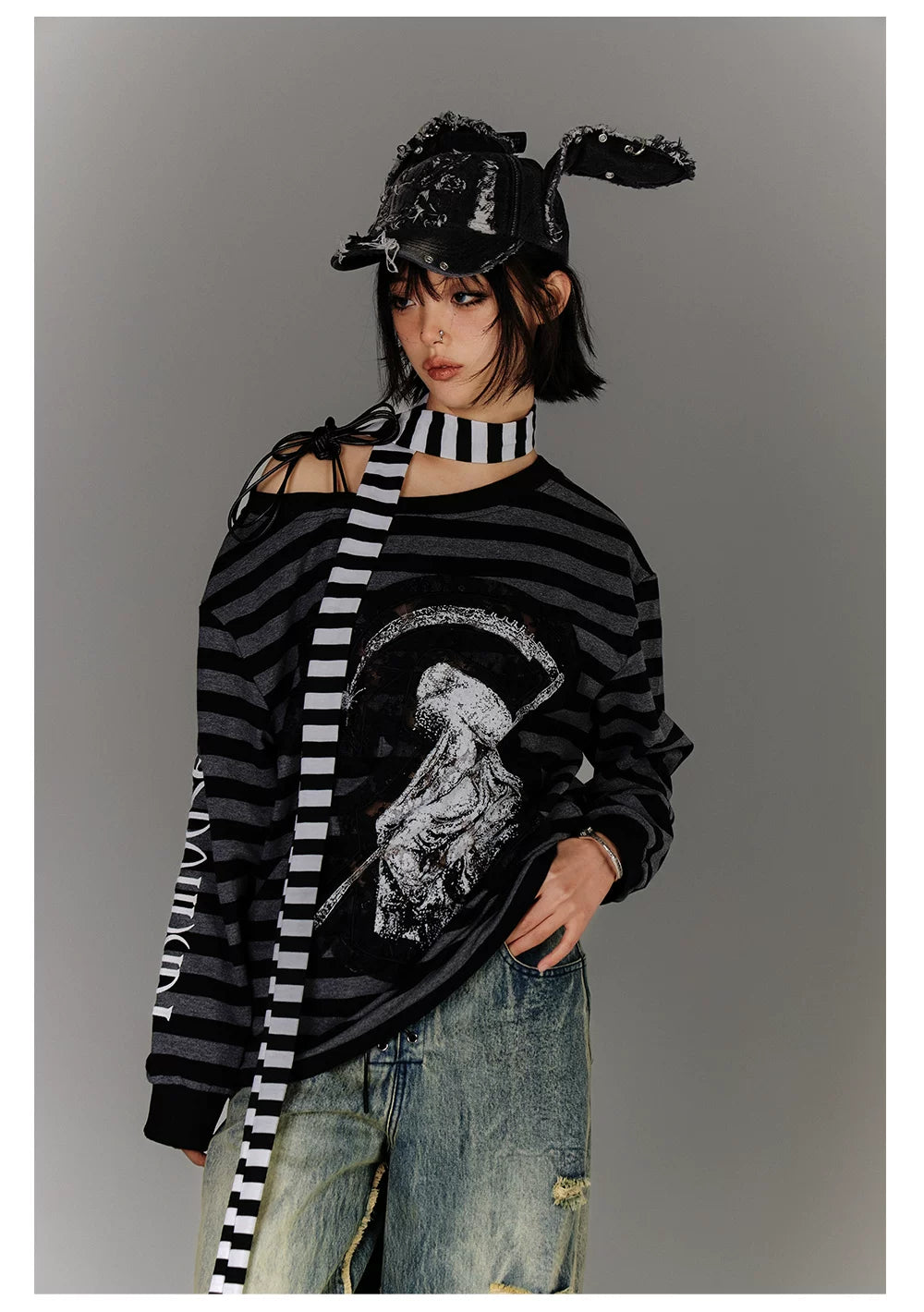 Off-Shoulder Drawstring Stripe Oversize Long Sleeve T-Shirt