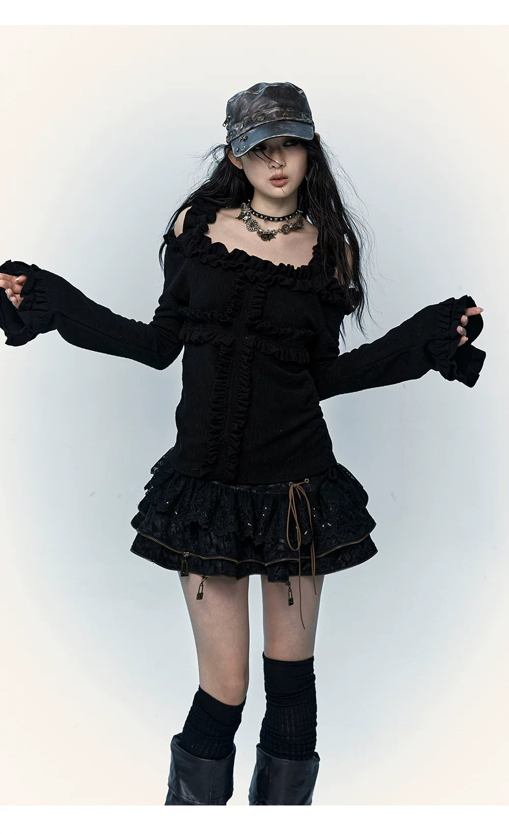 Ruffle Print Flare Sleeve Long Sleeve T-Shirt