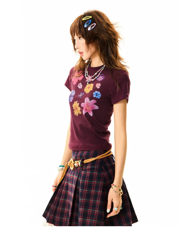 Flower Print Cropped Short Sleeve T-Shirt