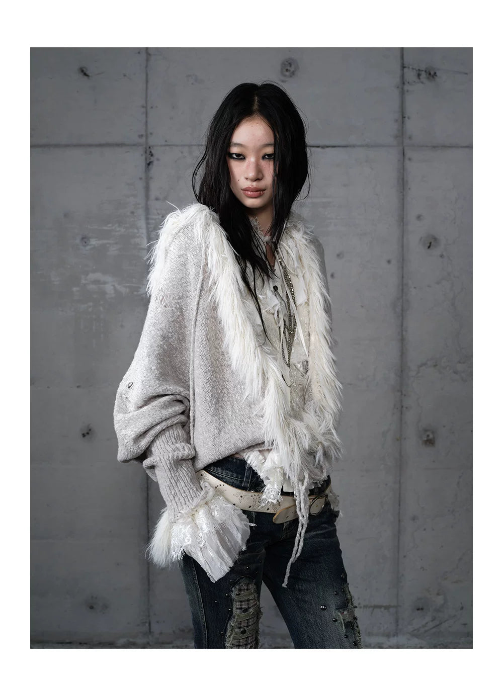 Fake Fur Trim Drawstring Oversize Knit Cardigan
