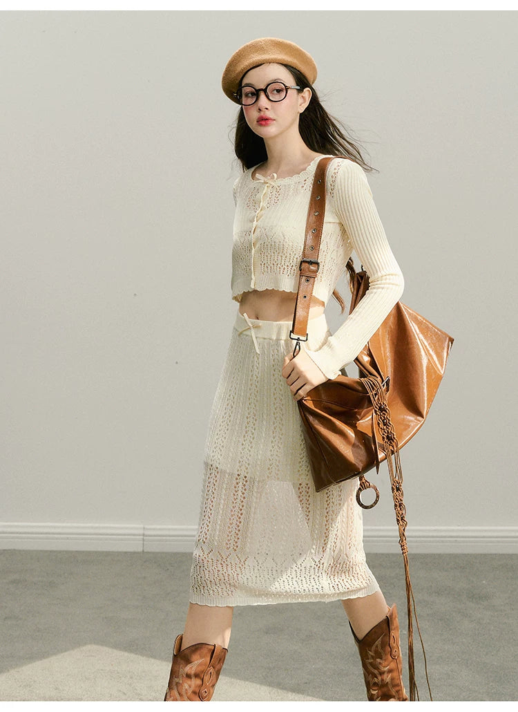 Hollow Out Button Knit Cardigan & Half Skirt Setup