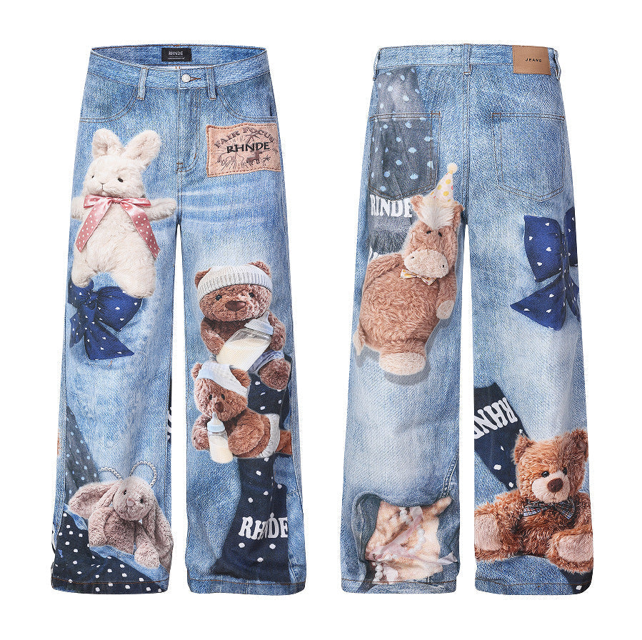 Washed 3D Character Print Wide Leg Denim Jeans