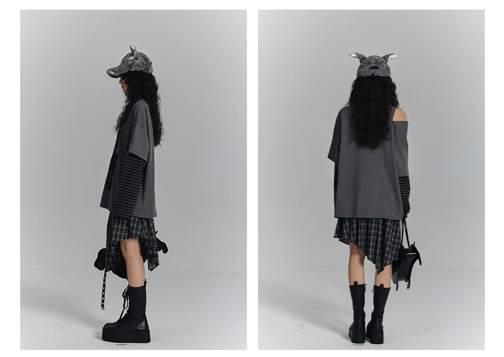 Fake Layered Drawstring V-Neck Long Sleeve T-Shirt