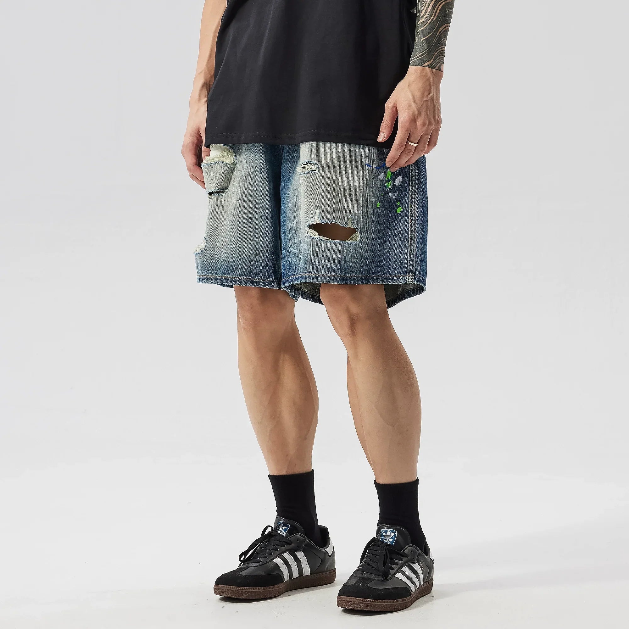 Raw Hem Damage Drawstring Washed Half Denim Jeans