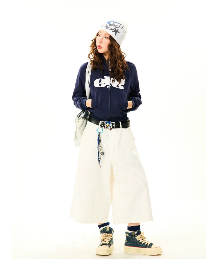 Letter Print Fitted Zipper Hoodie