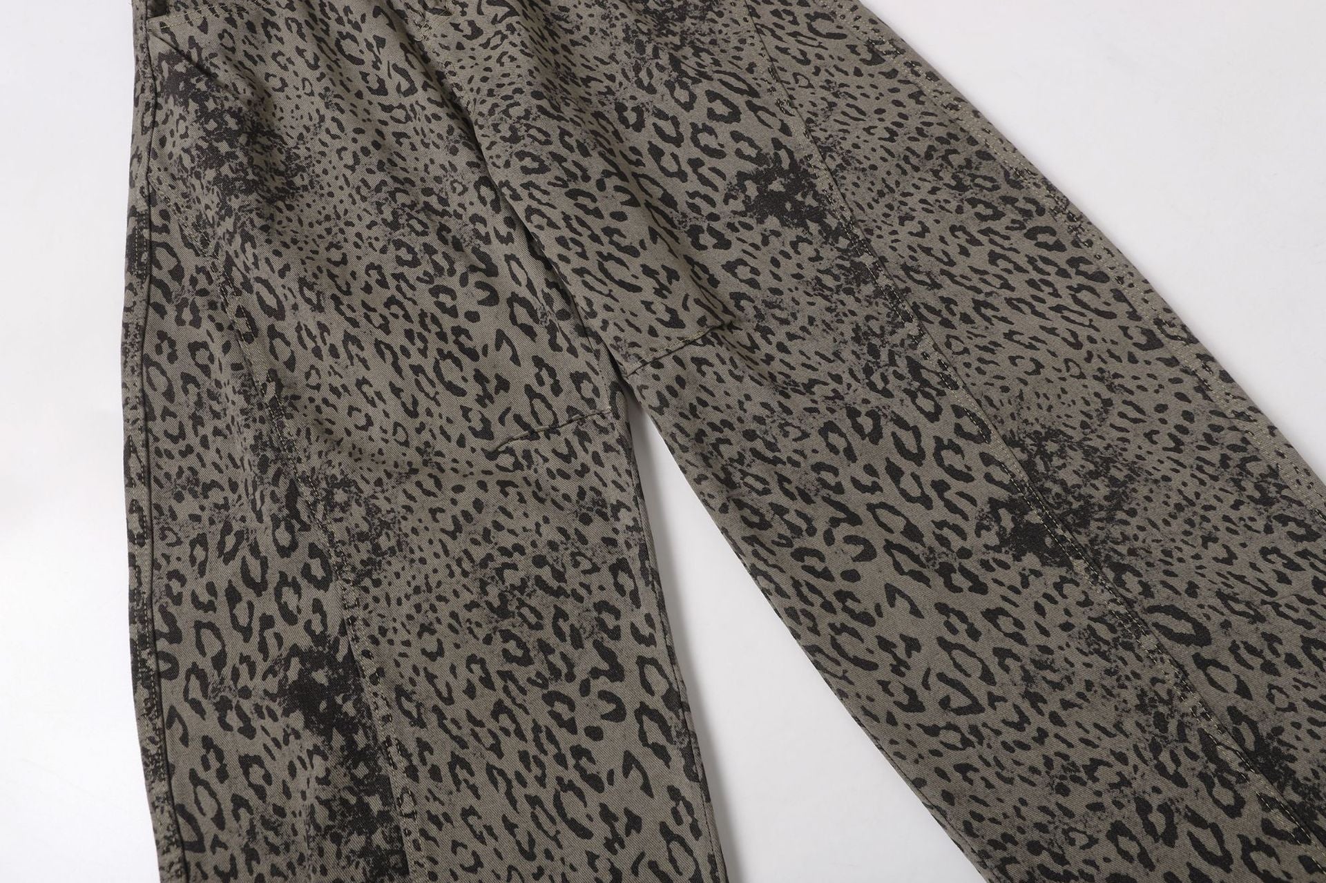 Leopard Print Curved Straight Wide Leg Denim Jeans