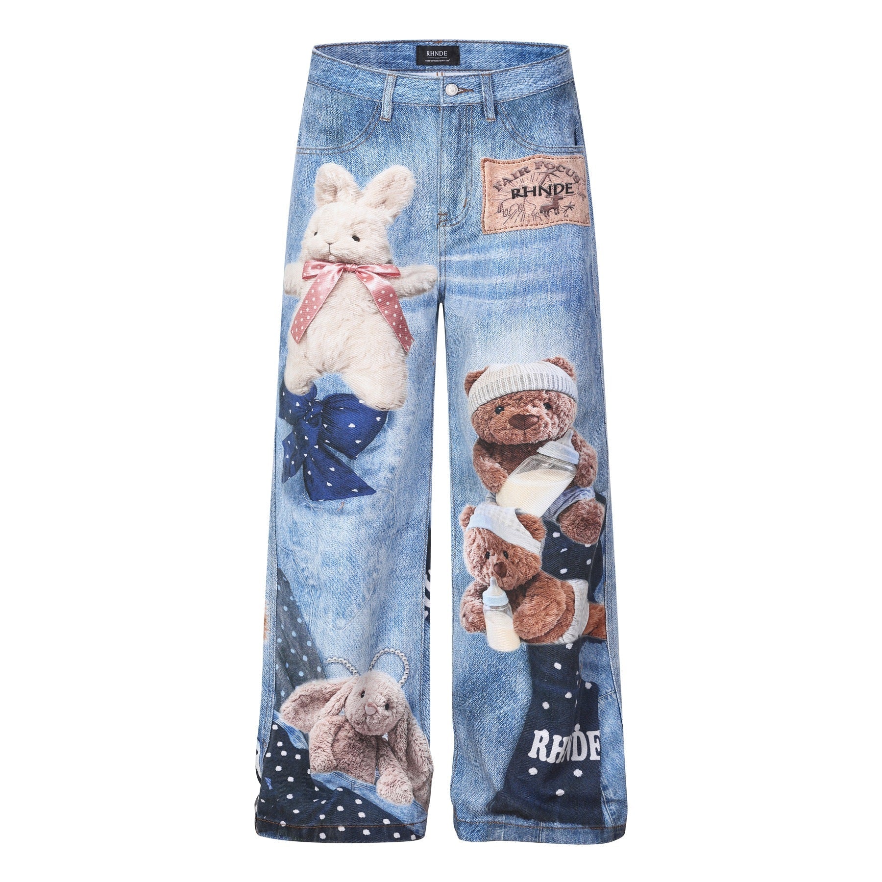 Washed 3D Character Print Wide Leg Denim Jeans