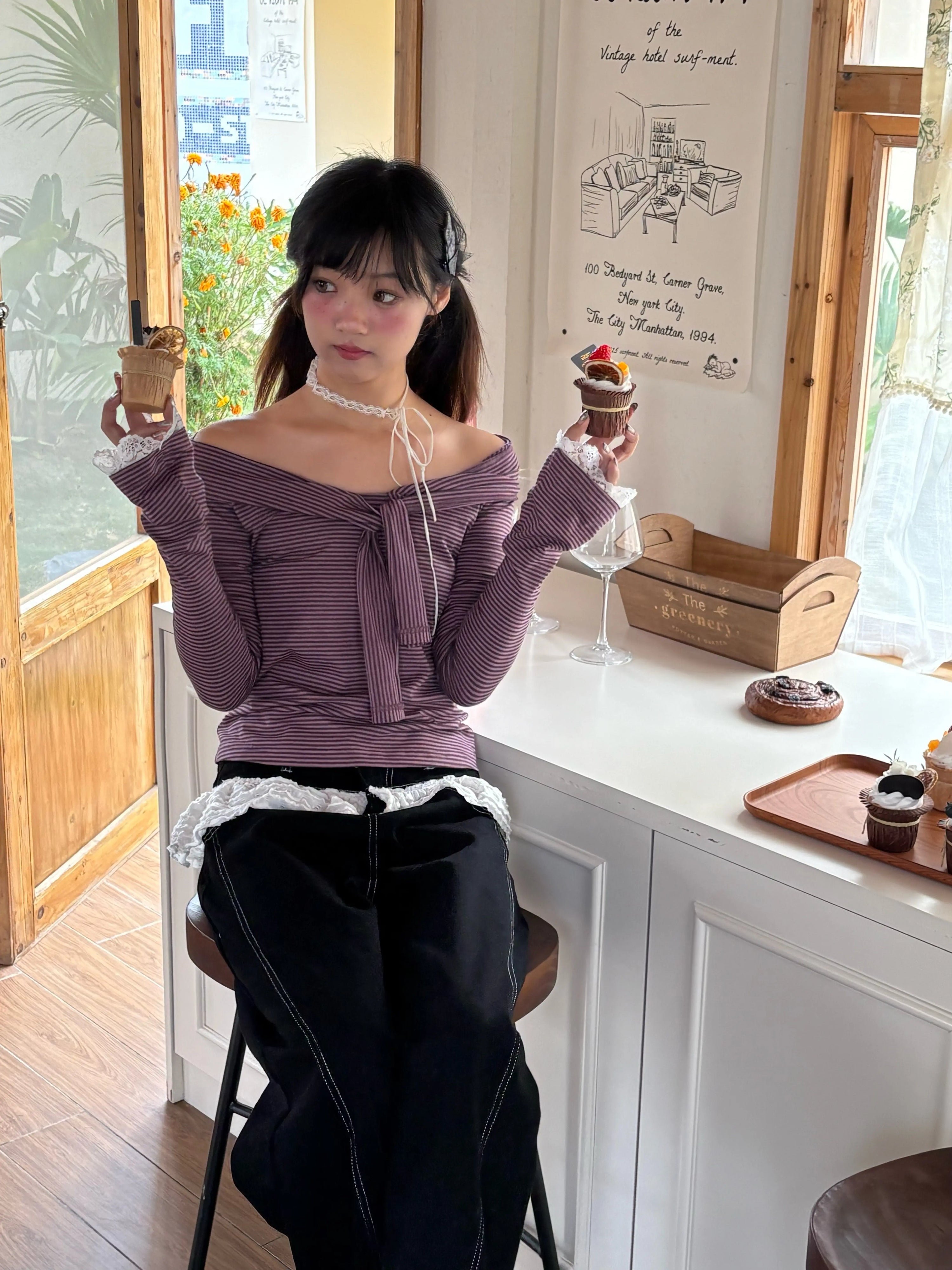 Striped Lace Trim Tie Detail Long Sleeve T-Shirt