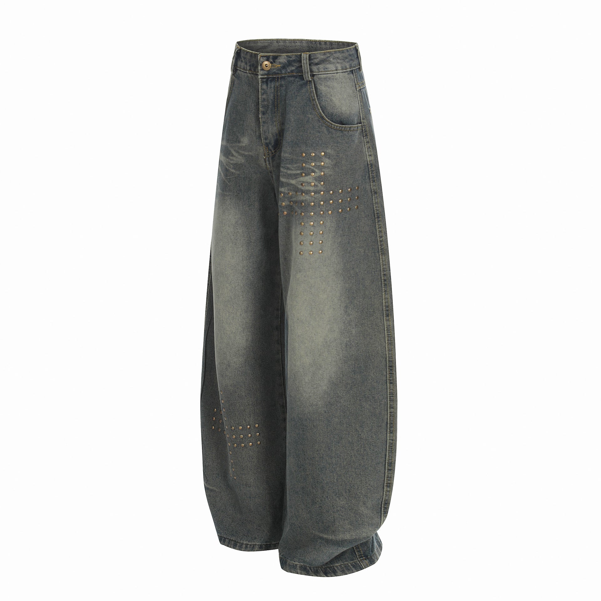 Washed Whisker Cross Studs Wide Leg Denim Jeans