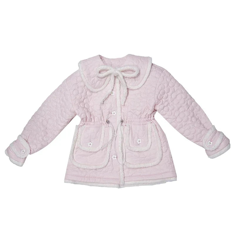 Flower Plush Bow Tie Puffer Jacket