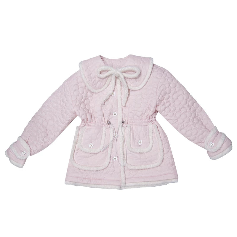 Flower Plush Bow Tie Puffer Jacket