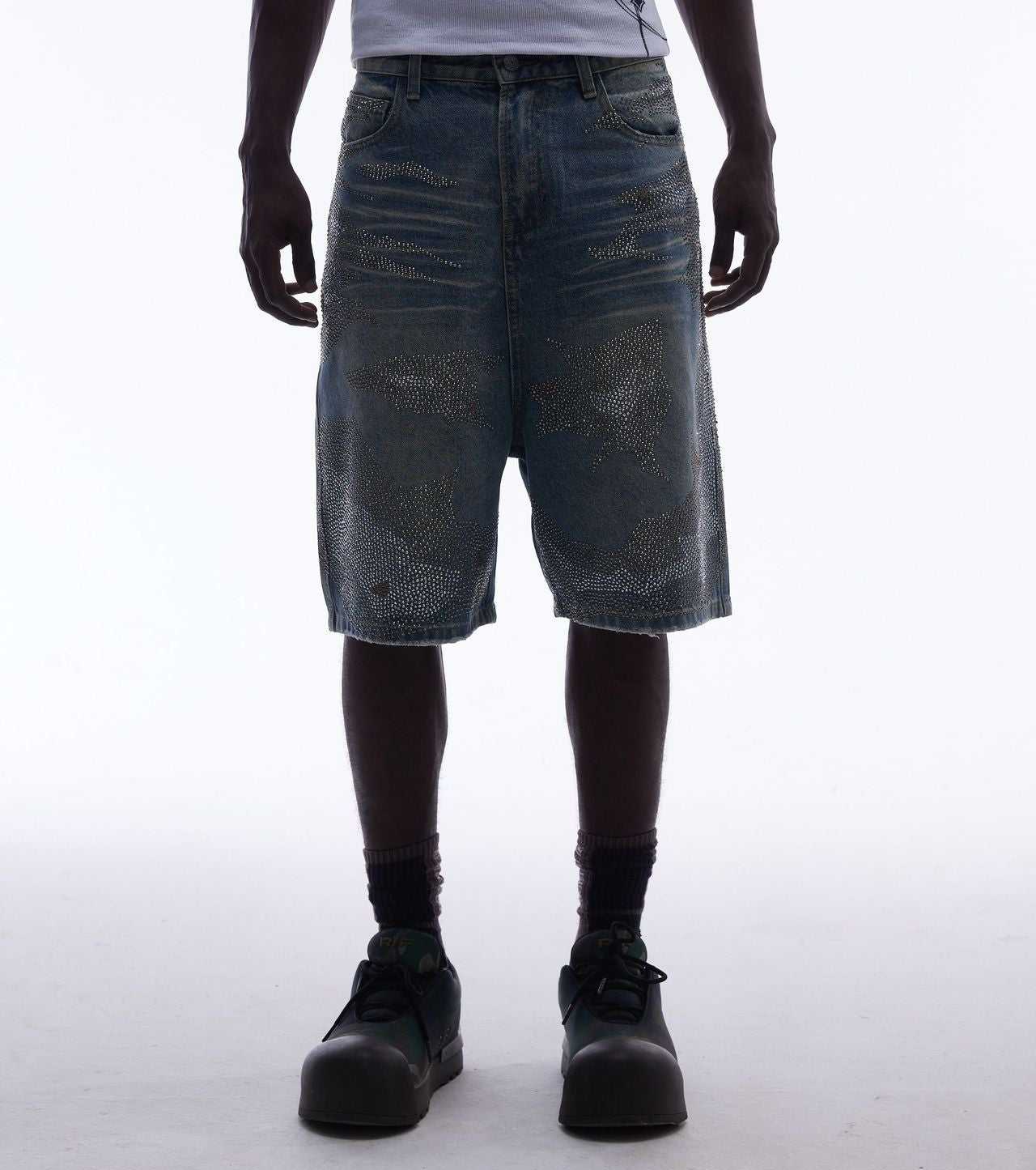 Rhinestone Camouflage Wash Denim Jort