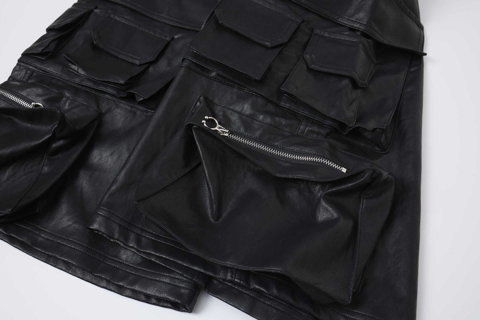 PU Leather Pocket Cropped Wide Leg Cargo Hahf Pants