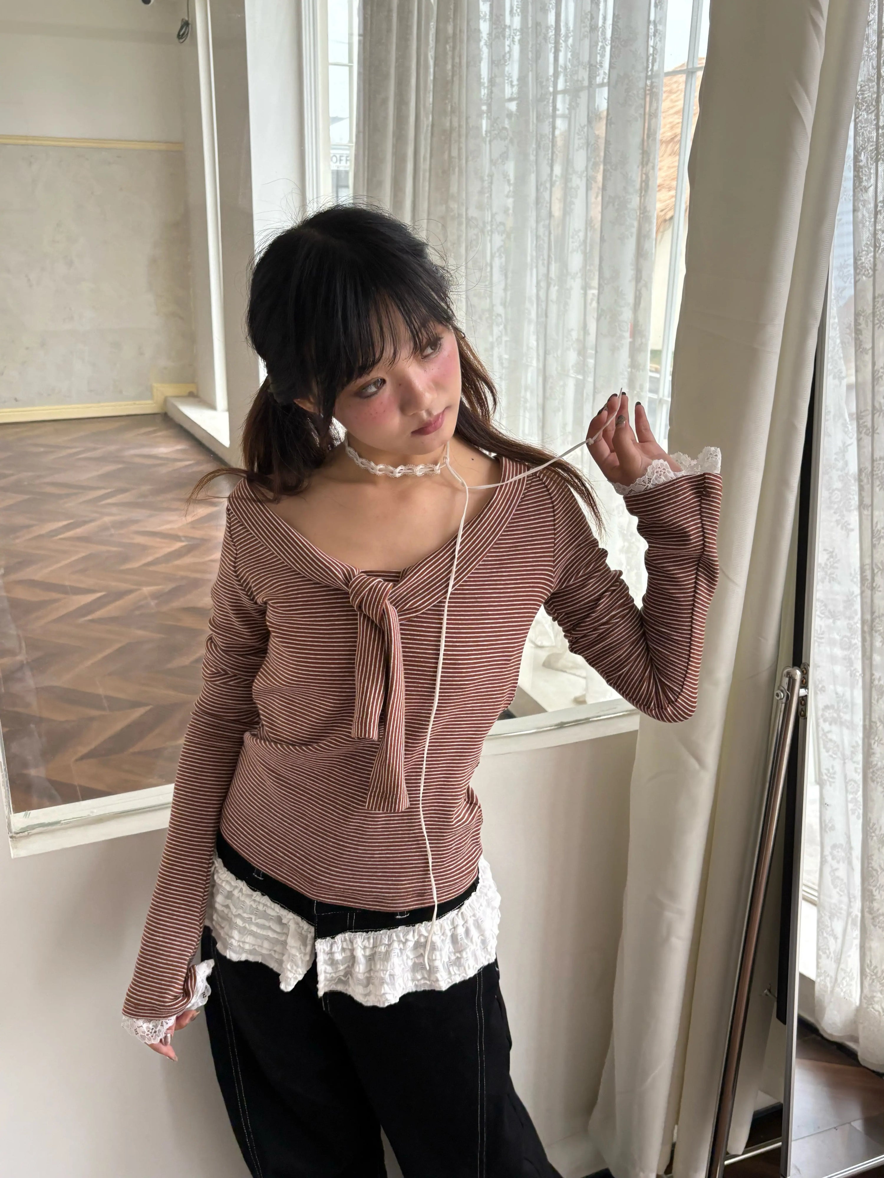 Striped Lace Trim Tie Detail Long Sleeve T-Shirt