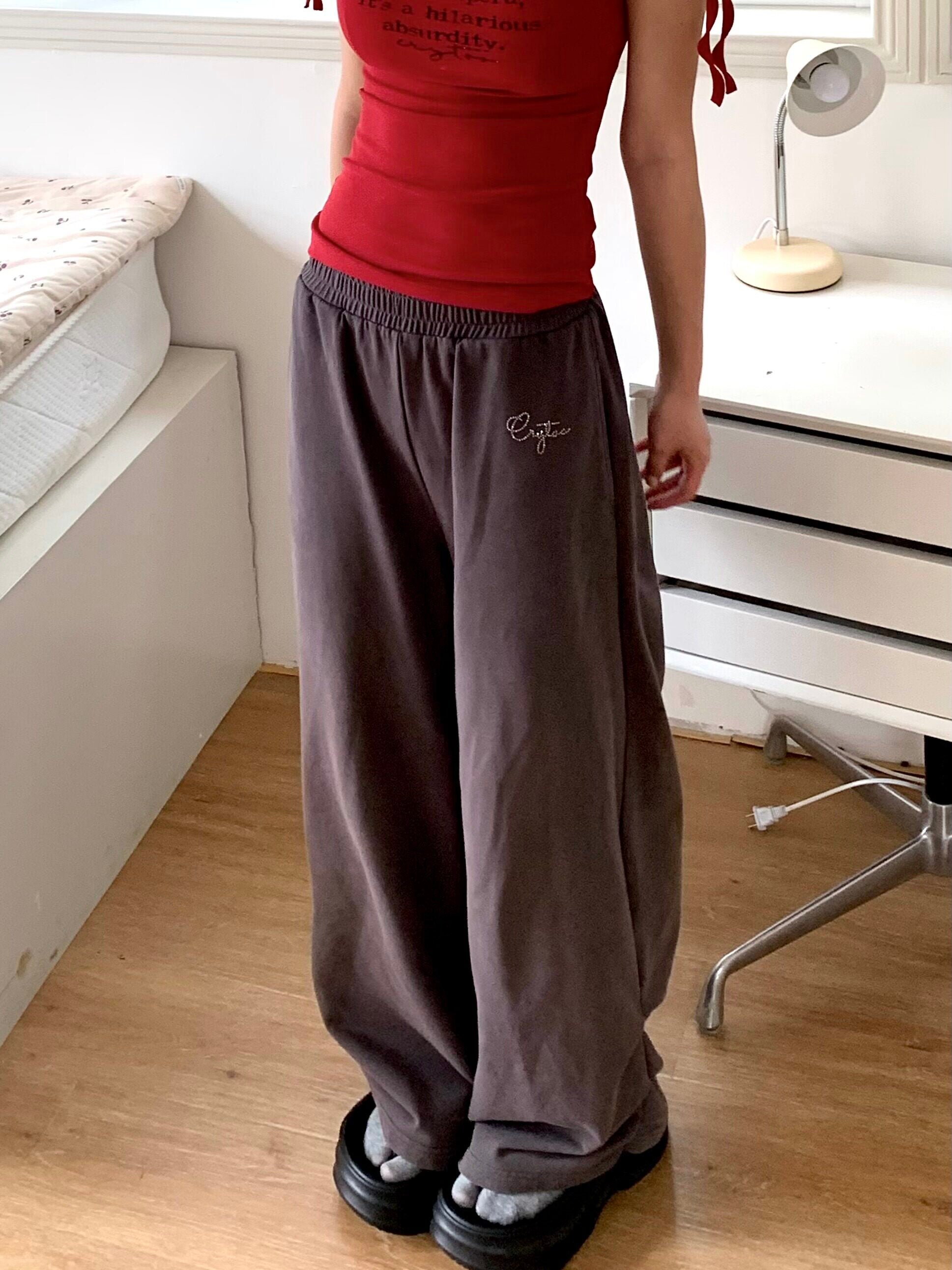 Rhinestone Drawstring Wide Leg Sweatpants