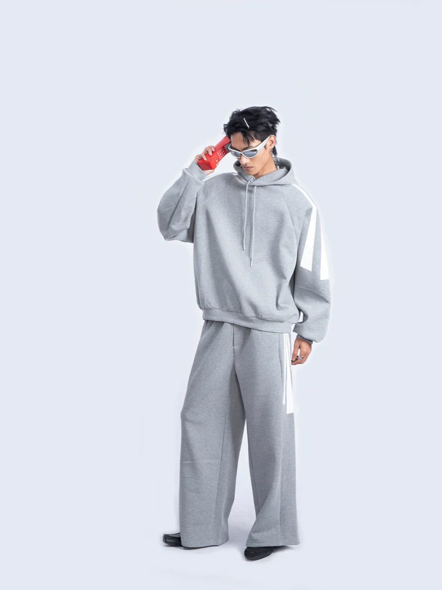 Contrast Pullover Hoodie & Wide-Leg Straight Sweatpants Setup