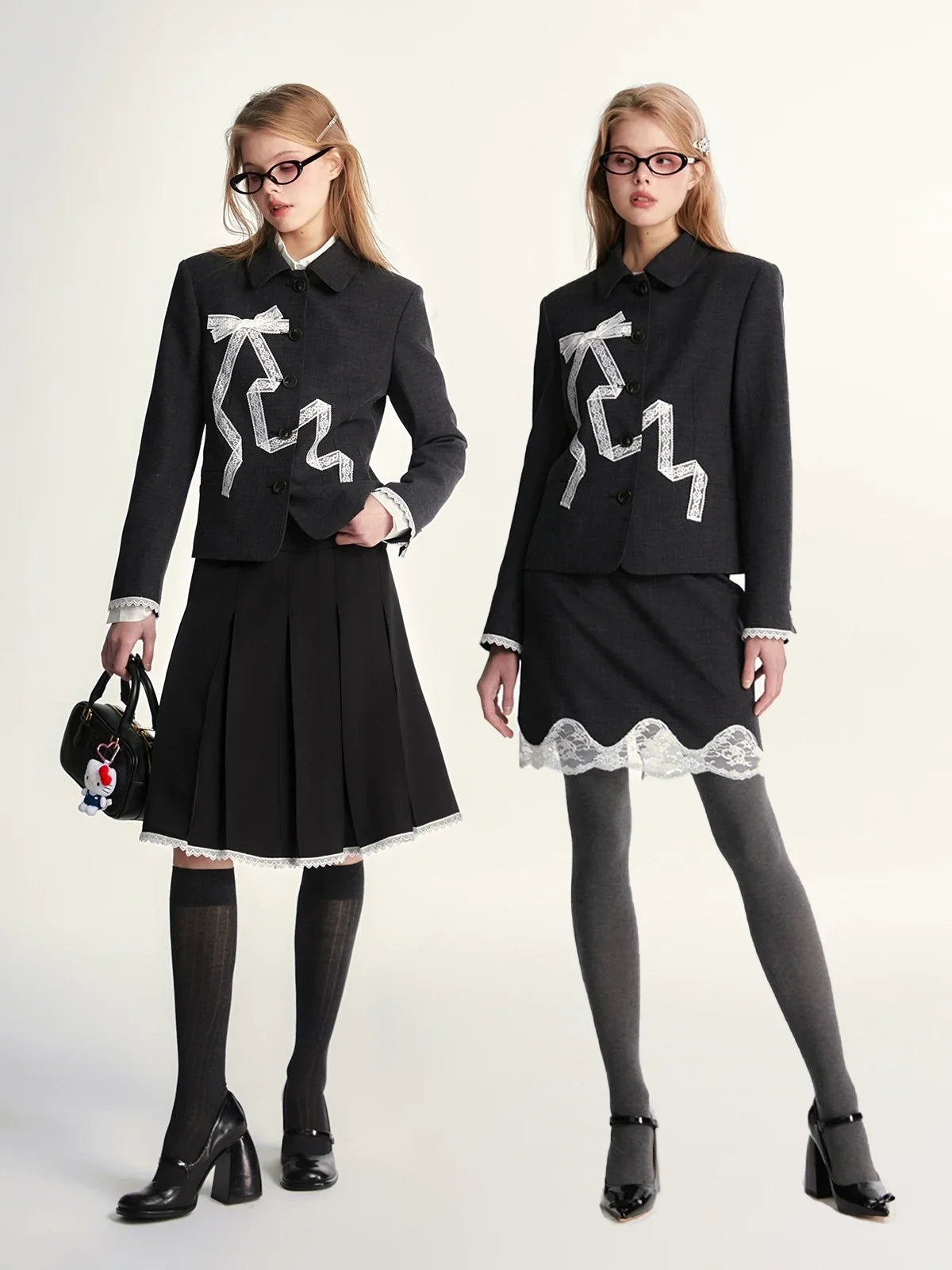 Lace Bow Blazer Jacket & Skirt Setup
