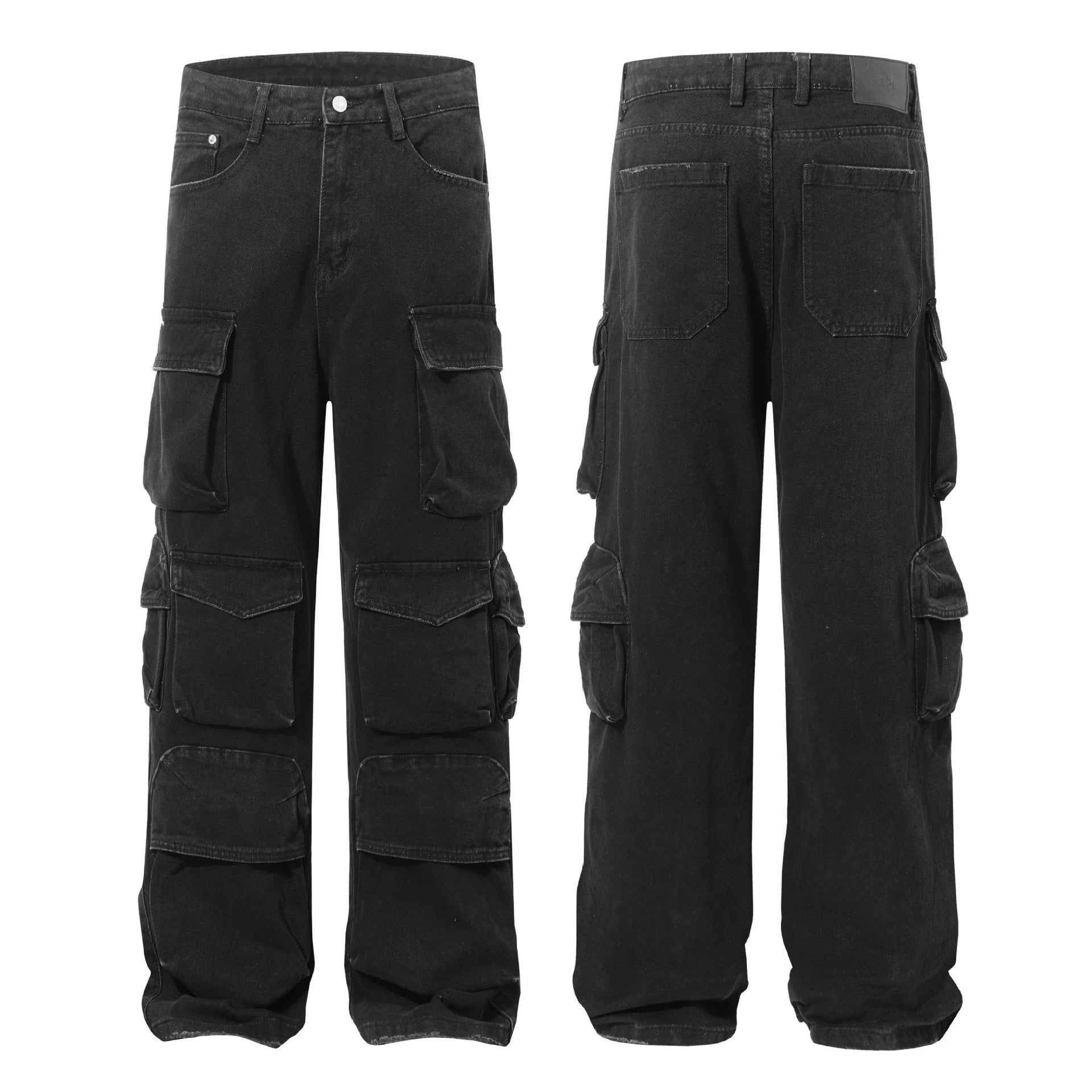 Washed Damage Multi-Pocket Straight Cargo Denim Jeans