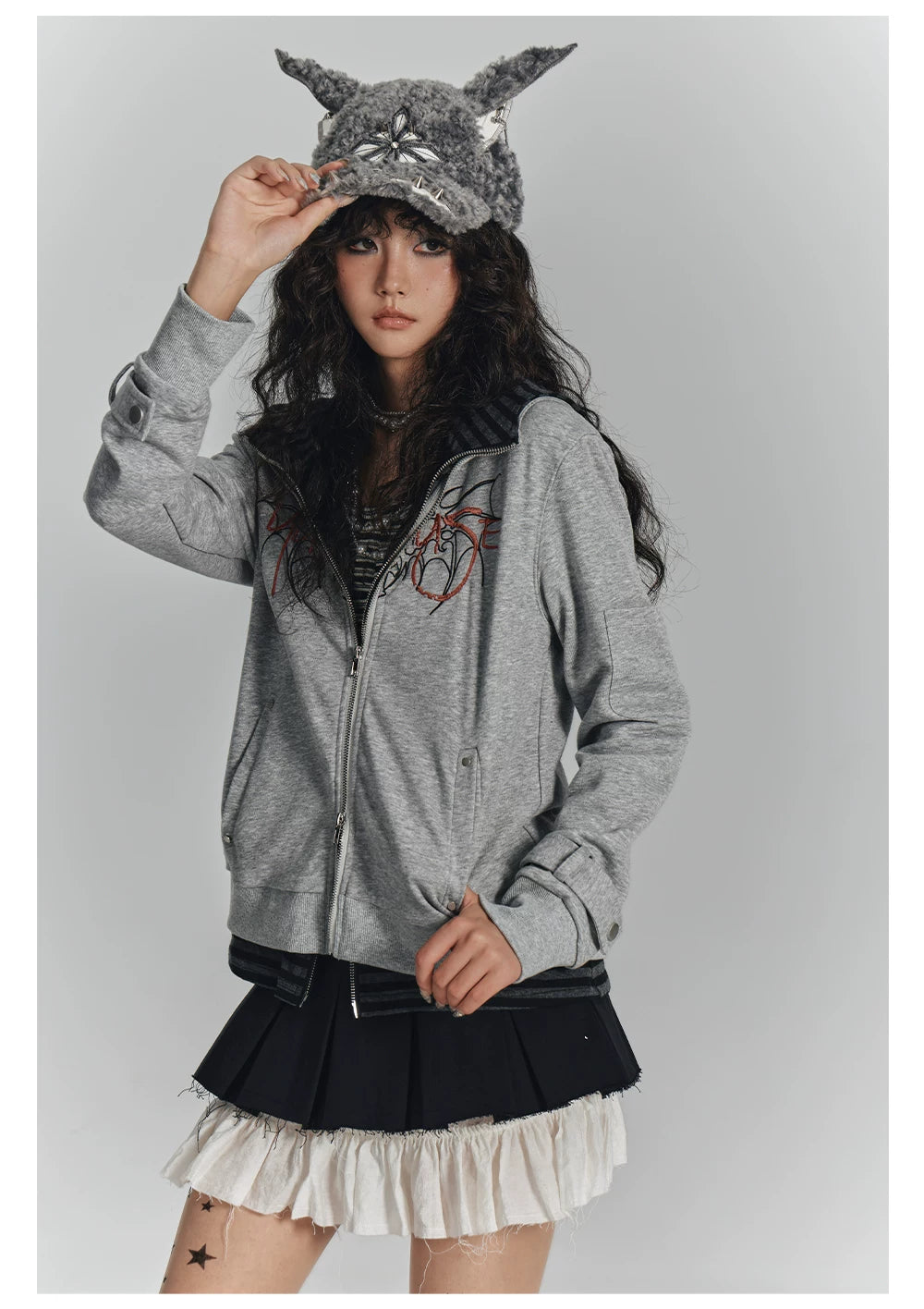 Embroidery Fake Layered Double Zipper Hoodie