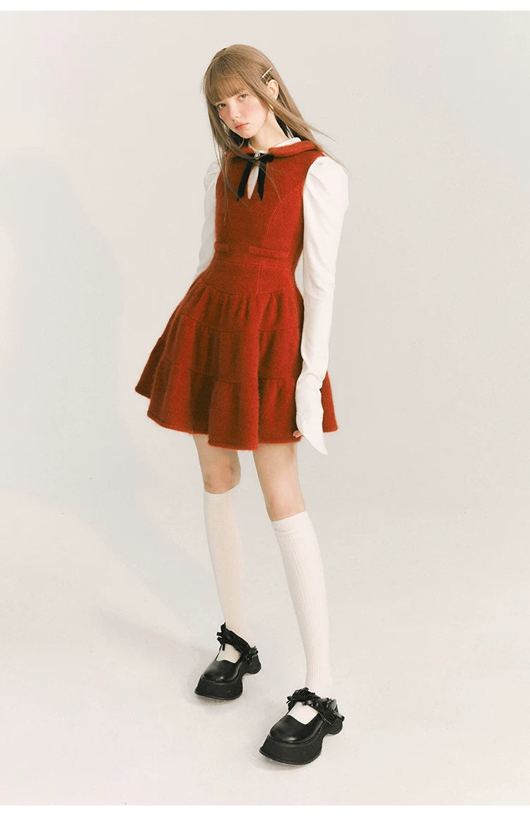 Bow Velvet Ruffle Short Length Dress