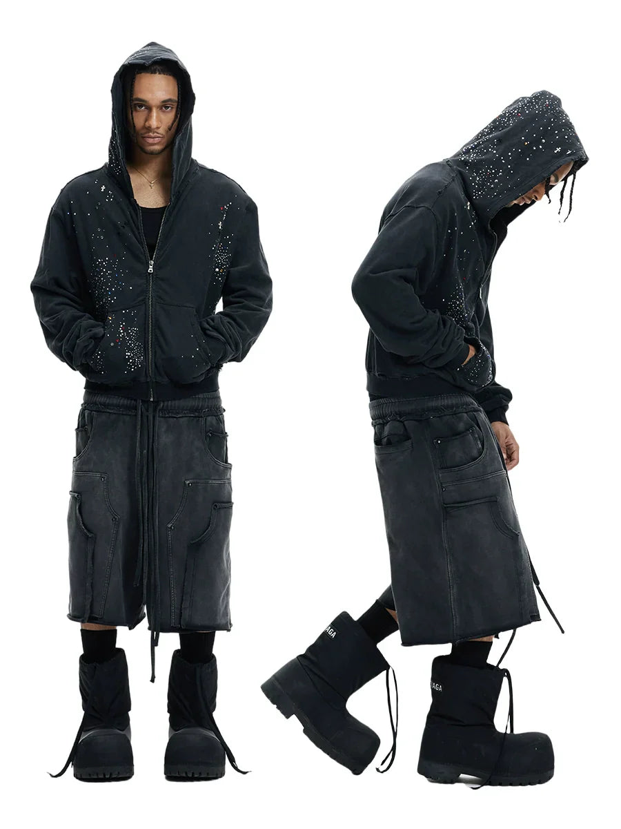 Deconstructed Double Waist Washed Wide Leg Half Sweatpants