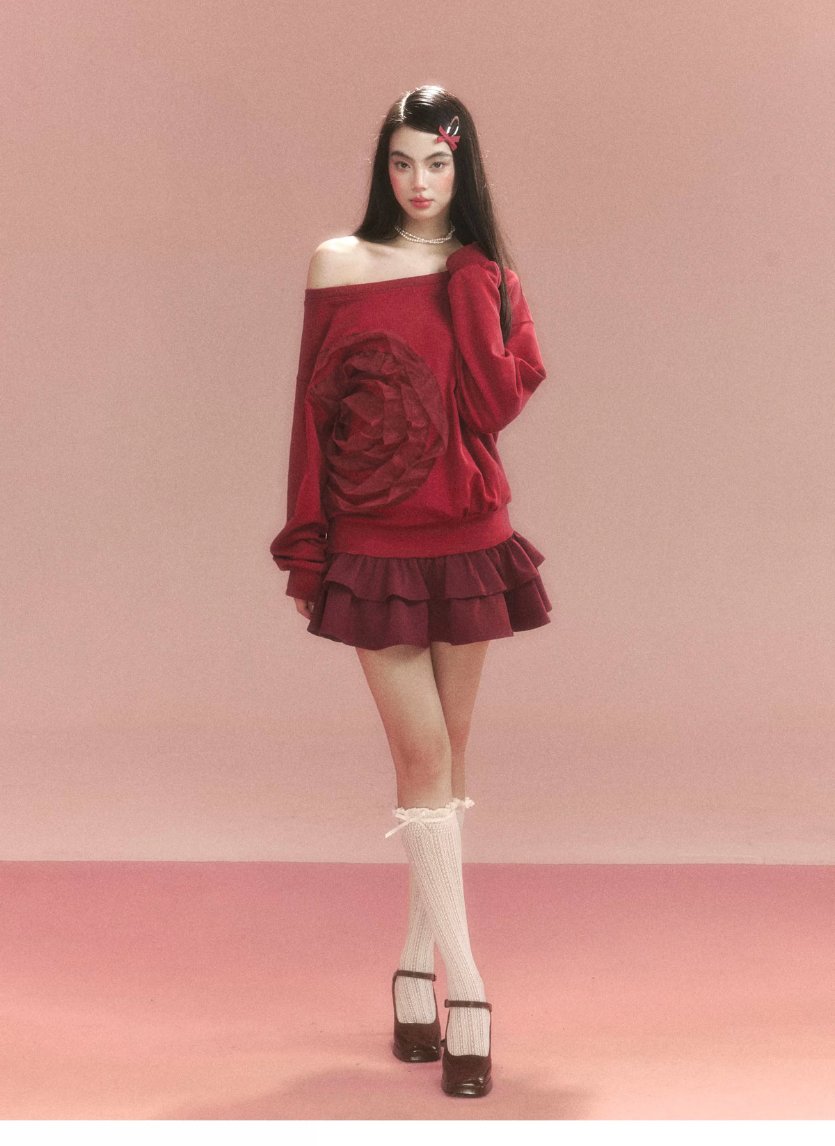 Flower Ruffle Sweatshirt Mix Dress