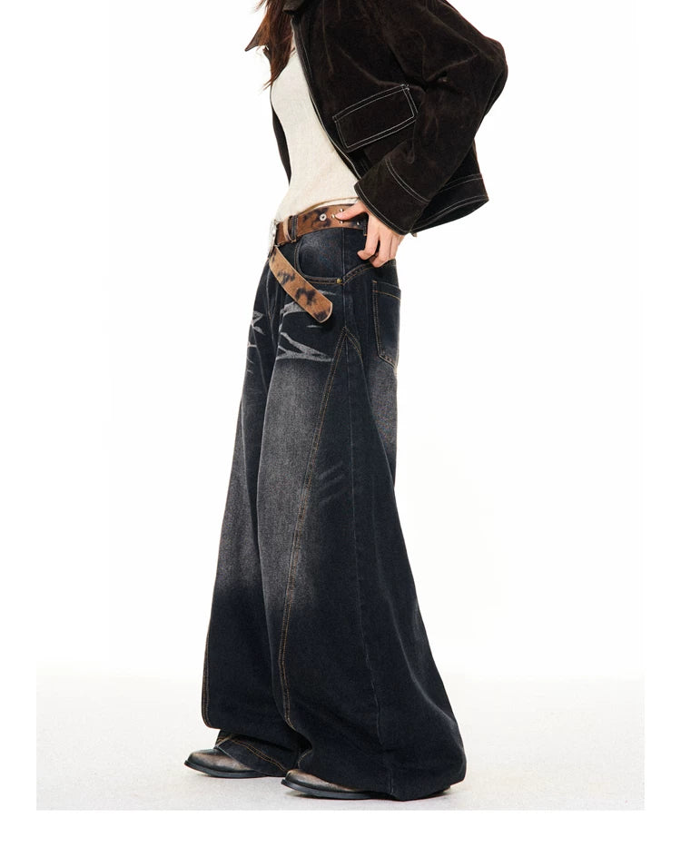 Washed Scratch Detail Wide Leg Denim Jeans