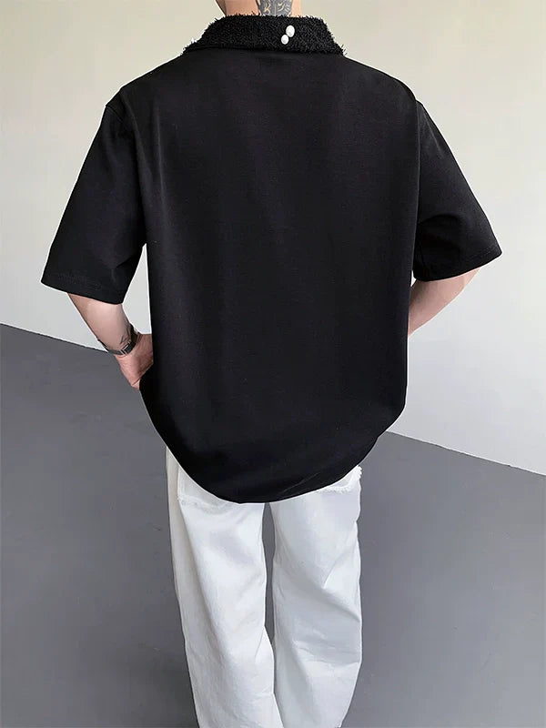 Fake Fur Collar Pearl PatchShort Sleeve Polo Shirt