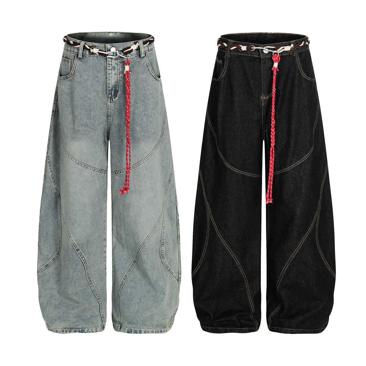 Belt Curved Wide Leg Denim Jeans