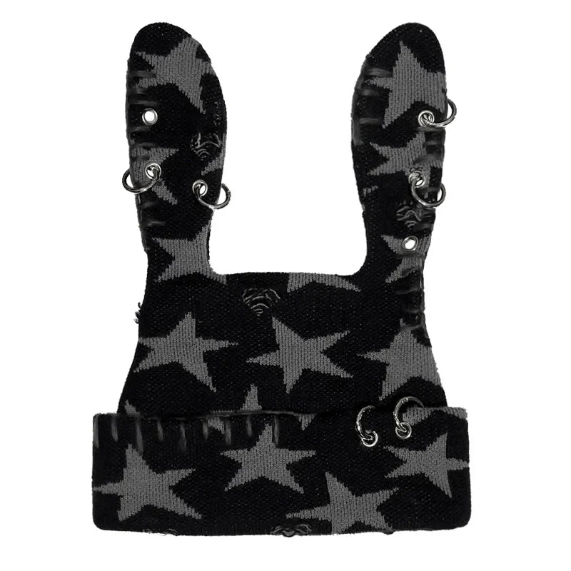 Star Print Rabbit Ear Knit Hat
