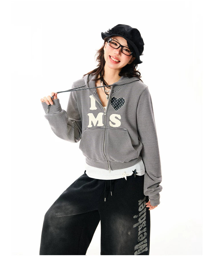 Heart Letter Print Stripe Cropped Zipper Hoodie