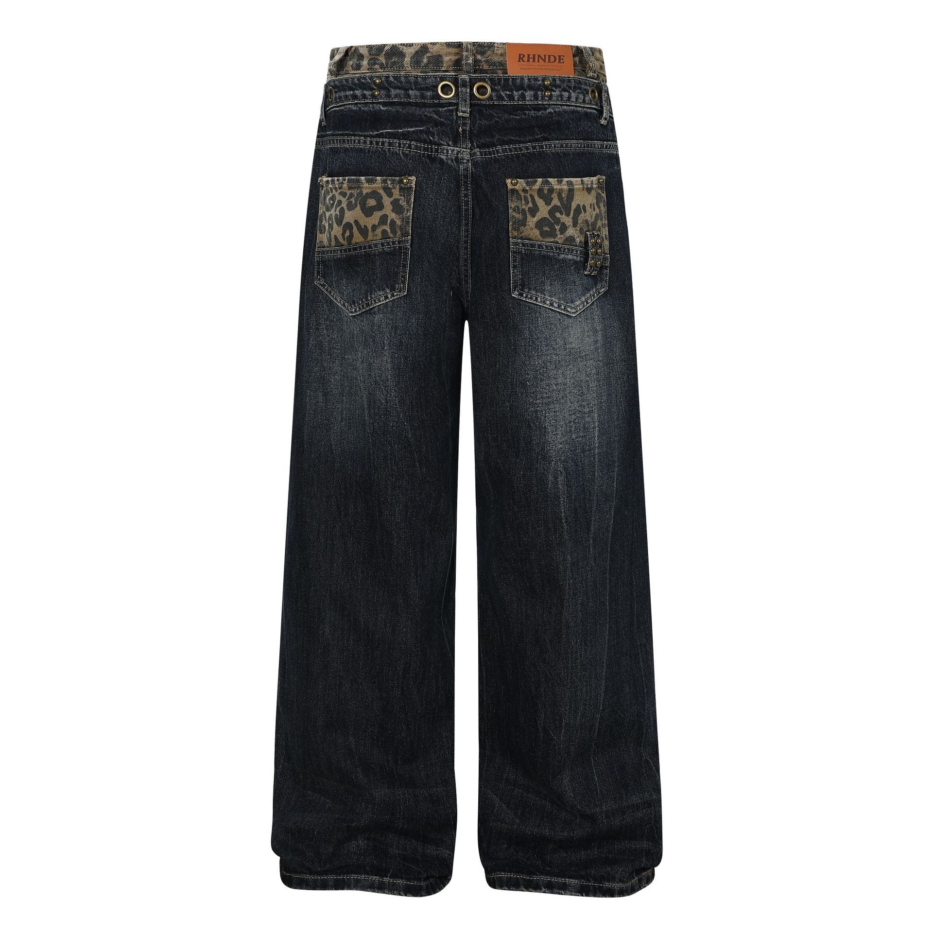 Fake Layered Leopard Print Wide Leg Denim Jeans