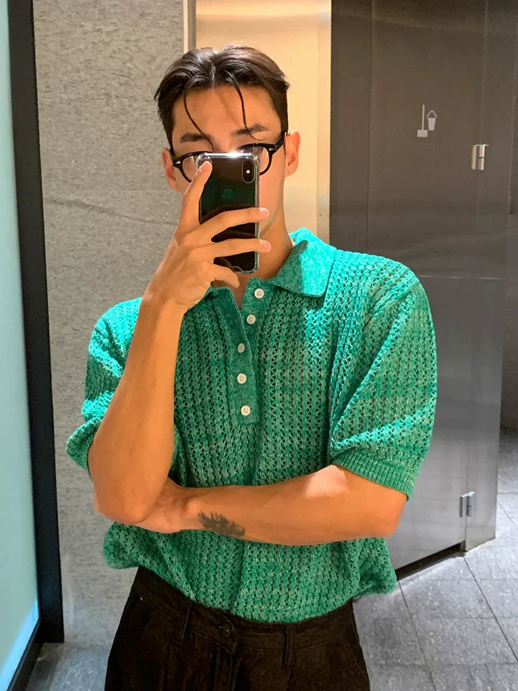 Hollow-Out Knit Short Sleeve Polo Shirt