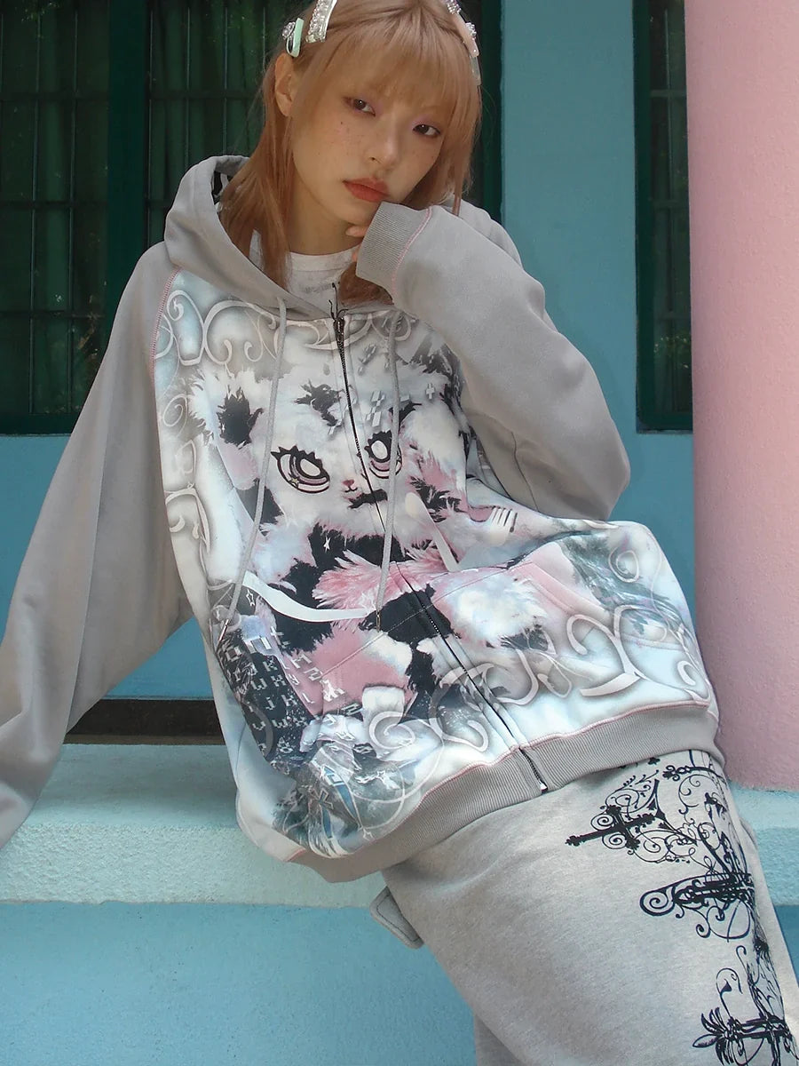 Sweat à capuche oversize à motif lapin avec fermeture éclair