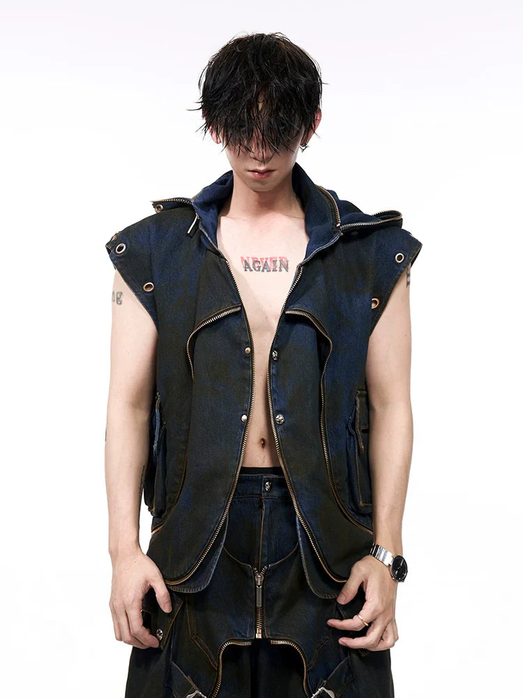 Hooded Wash Denim Vest & Cargo Short Setup