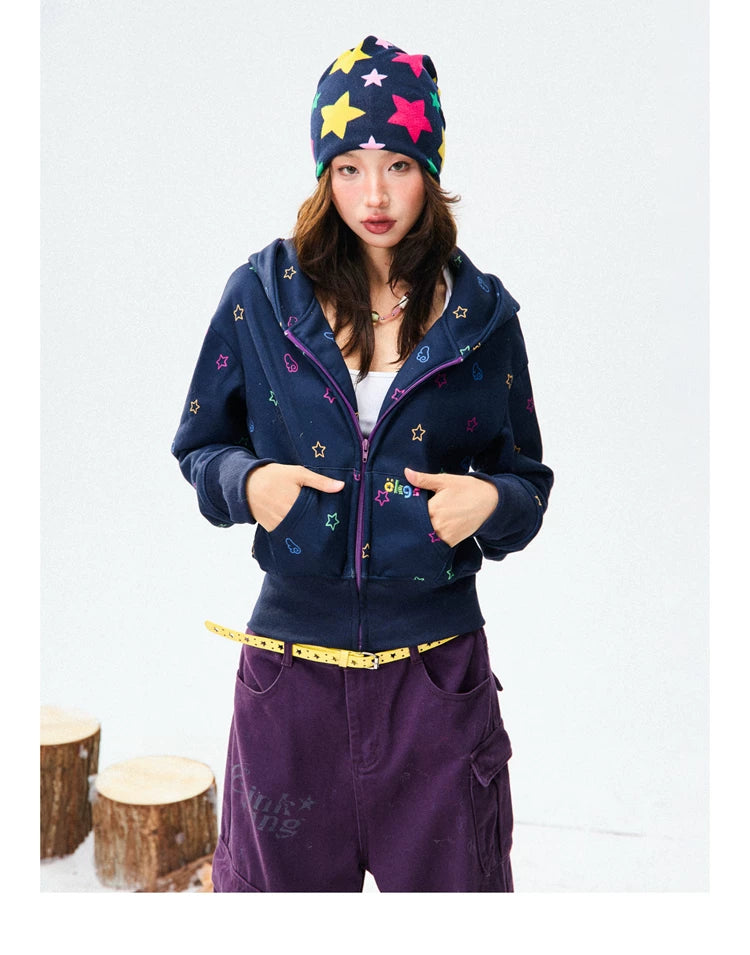 Star Print Fleece Zipper Hoodie