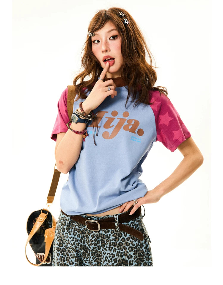 Raglan Sleeve Letter Print Fitted Short Sleeve T-Shirt
