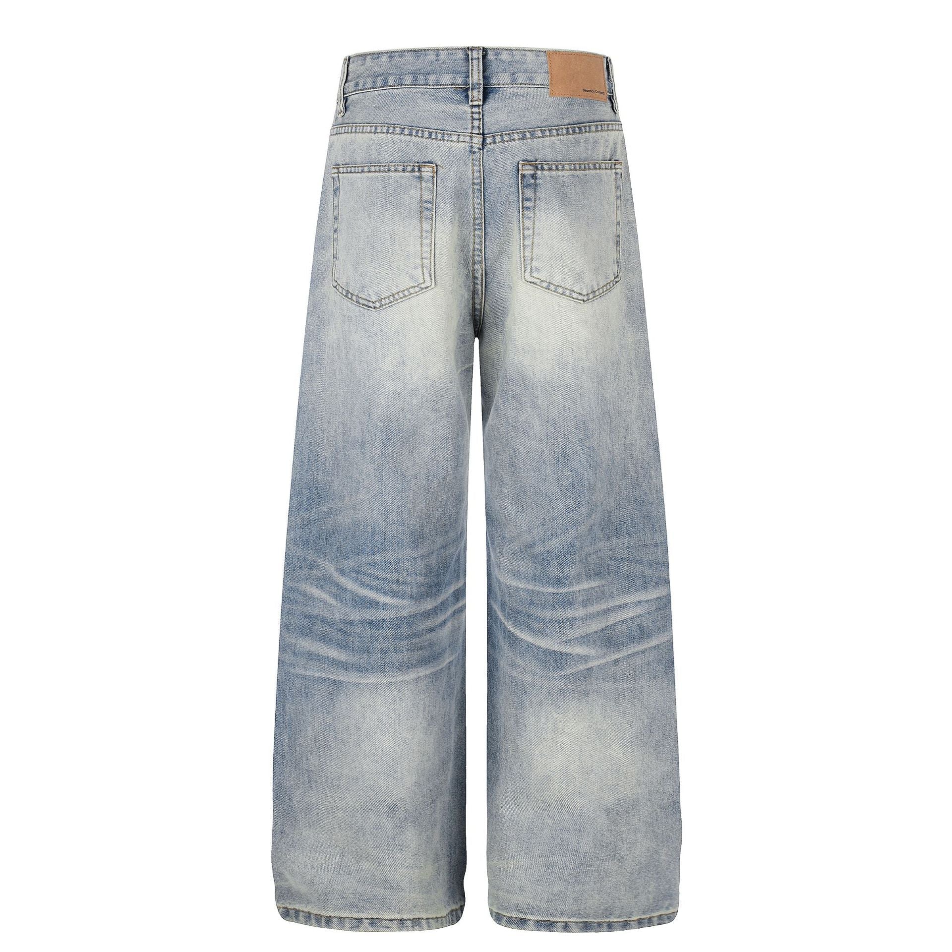 Washed Damage Whisker Wide Leg Denim Jeans