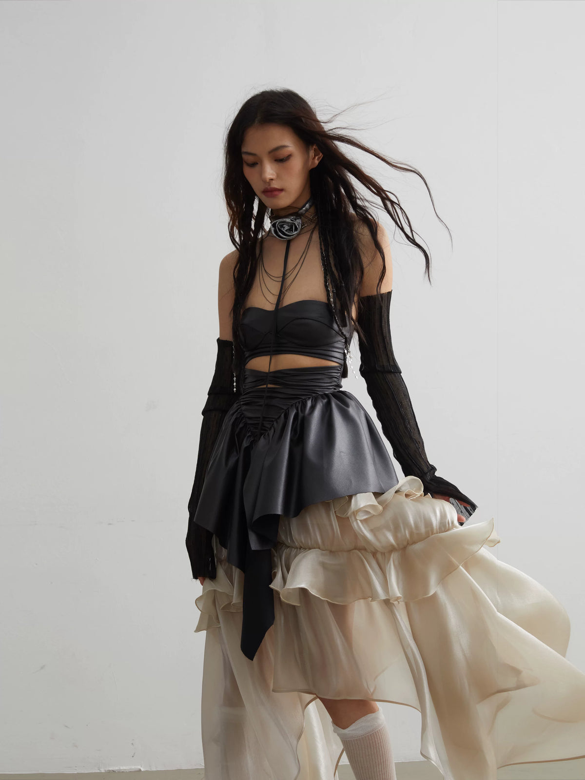 Glossy Layered Ruffle Edge Skirt