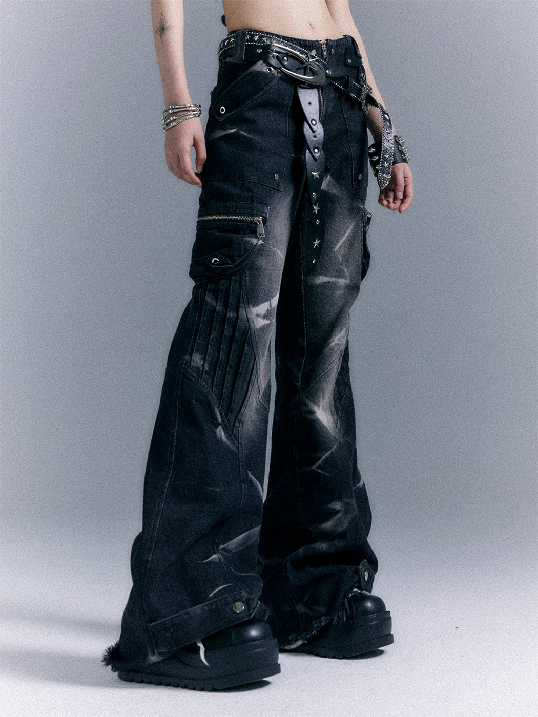 Low-Waist Studs Washed Flare Denim Jeans