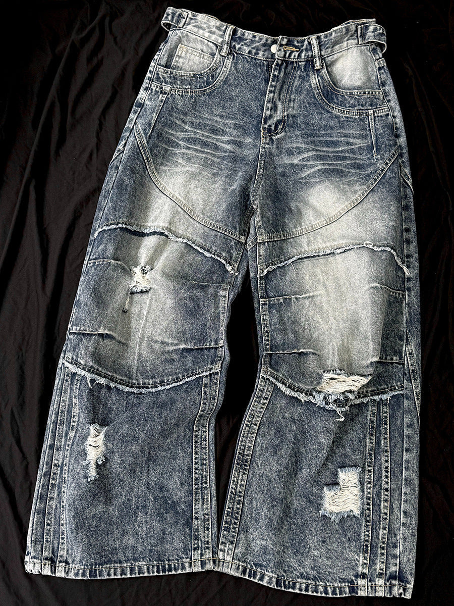 Washed Damage Splice Wide Leg Denim Jeans