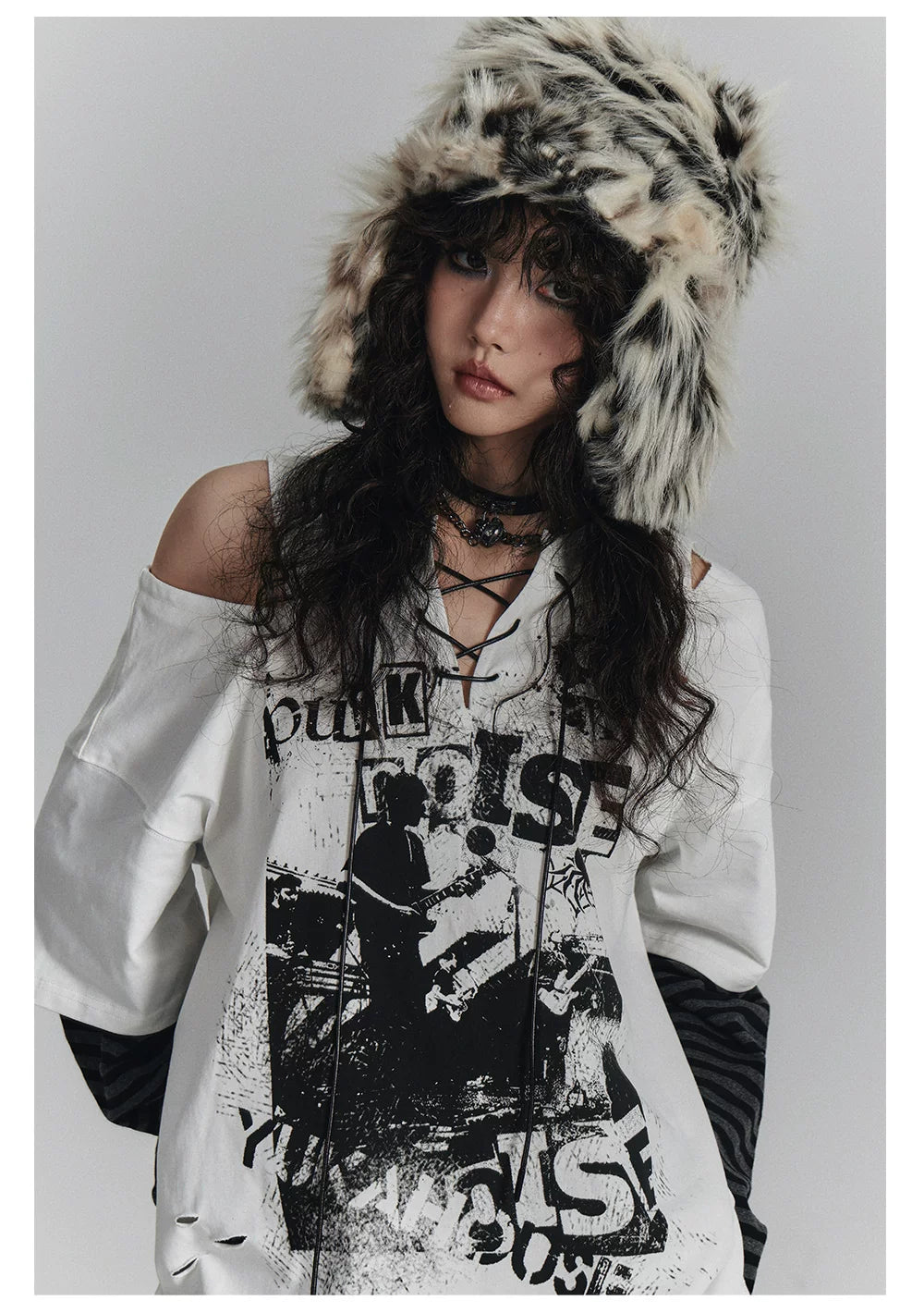 Fake Layered Drawstring V-Neck Long Sleeve T-Shirt