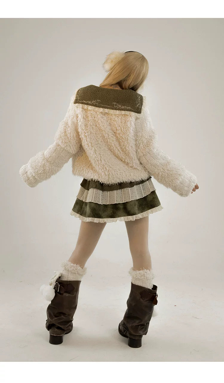 Fleece Lining Soft Fuzzy Knit Cardigan & Half Skirt Setup