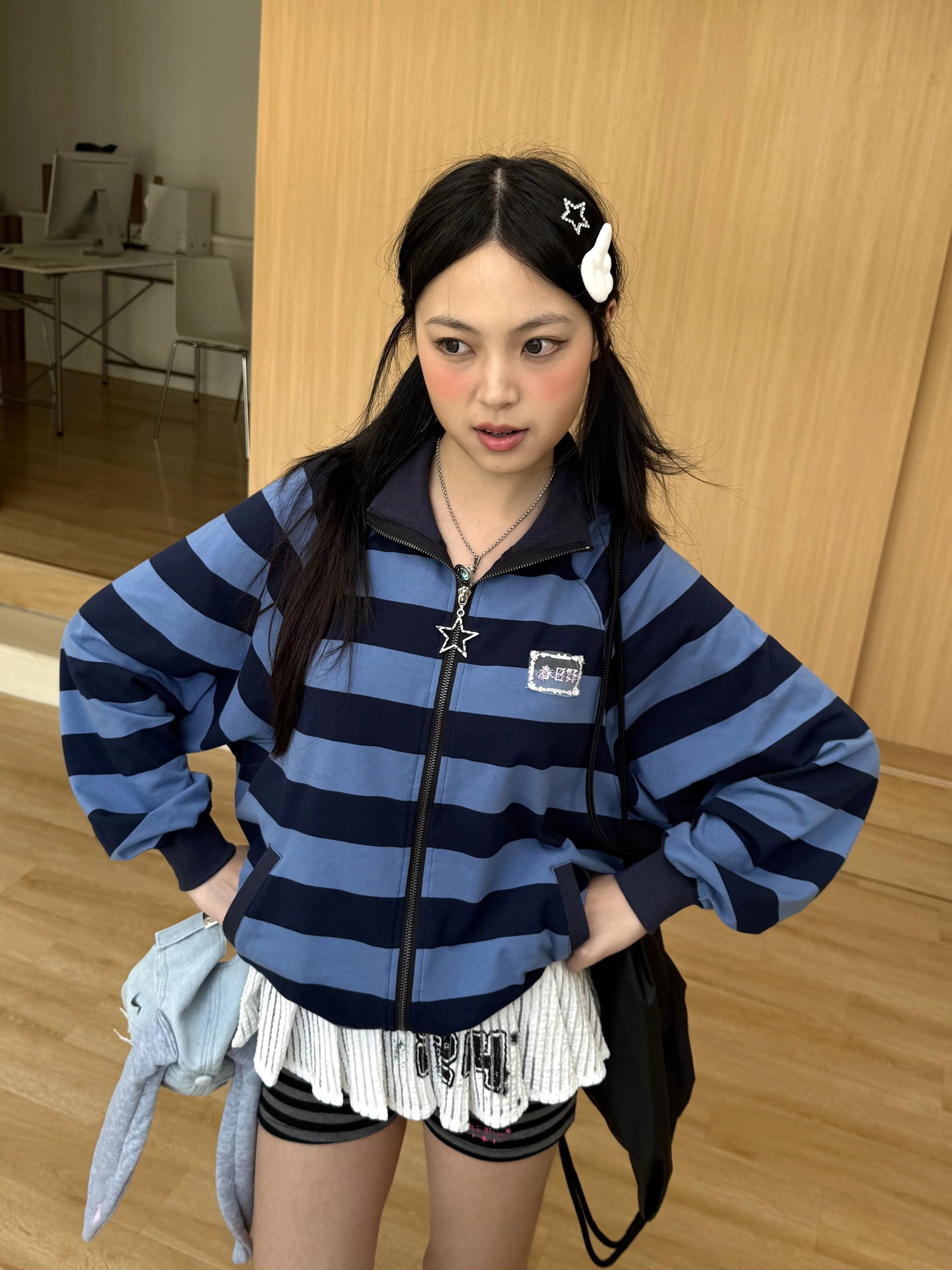 Striped Oversize Stand Collar Zipper Jacket