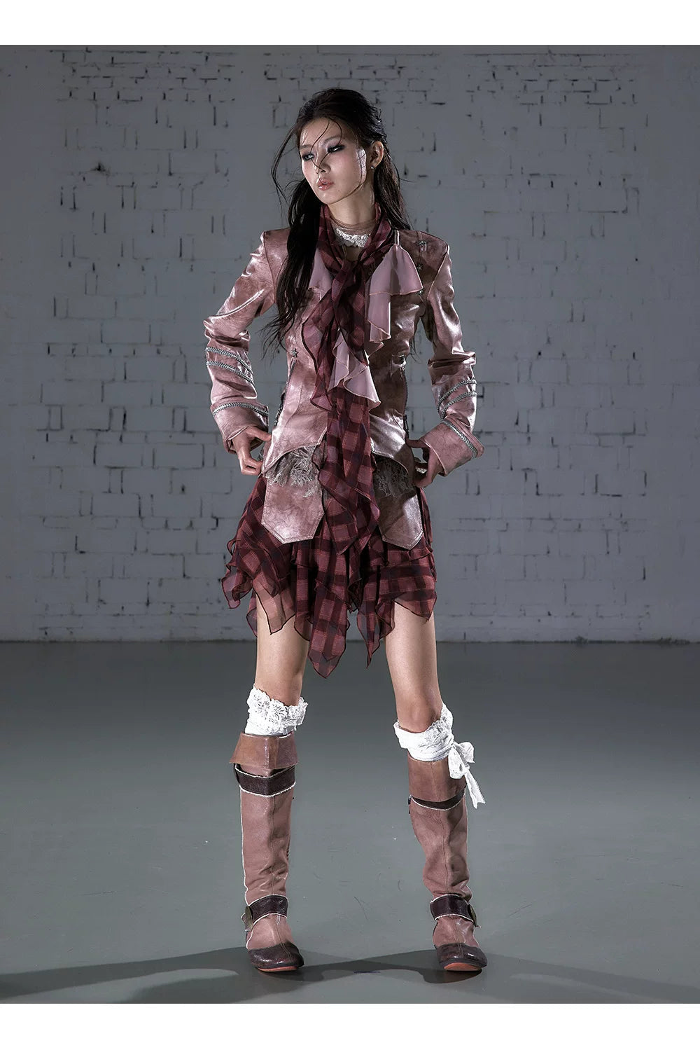 Ruffle Tie-Neck Slim Fit Long Sleeve Shirt