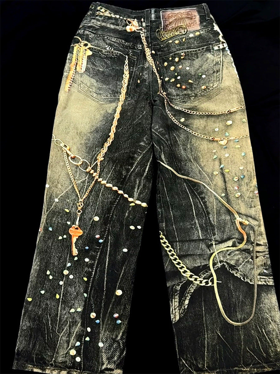 Chain Paint  3D Print Washed Wide Leg Denim Jeans