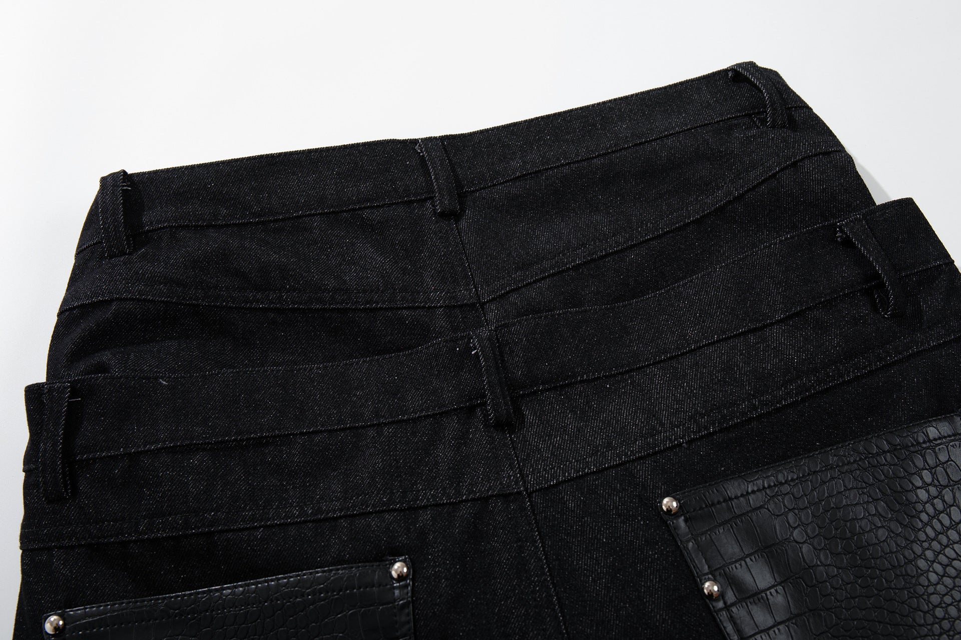 Leather Patchwork Denim Jacket & Leather Patchwork Wide Leg Denim Jeans Setup