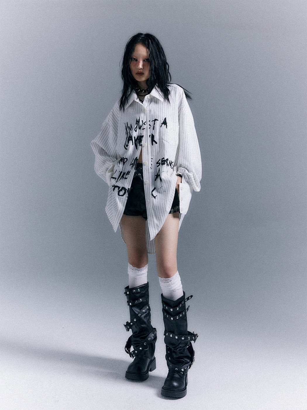 Graffiti Print Stripe Oversize Long Sleeve Shirt